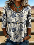 Women's Vintage Floral Print Casual 3/4 Sleeves Hollow-Out Denim Shirt