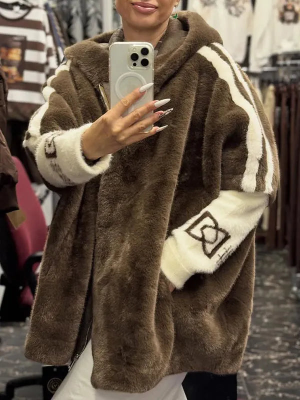 Women Plush Hooded Vertical Stripe Printed Casual Coat