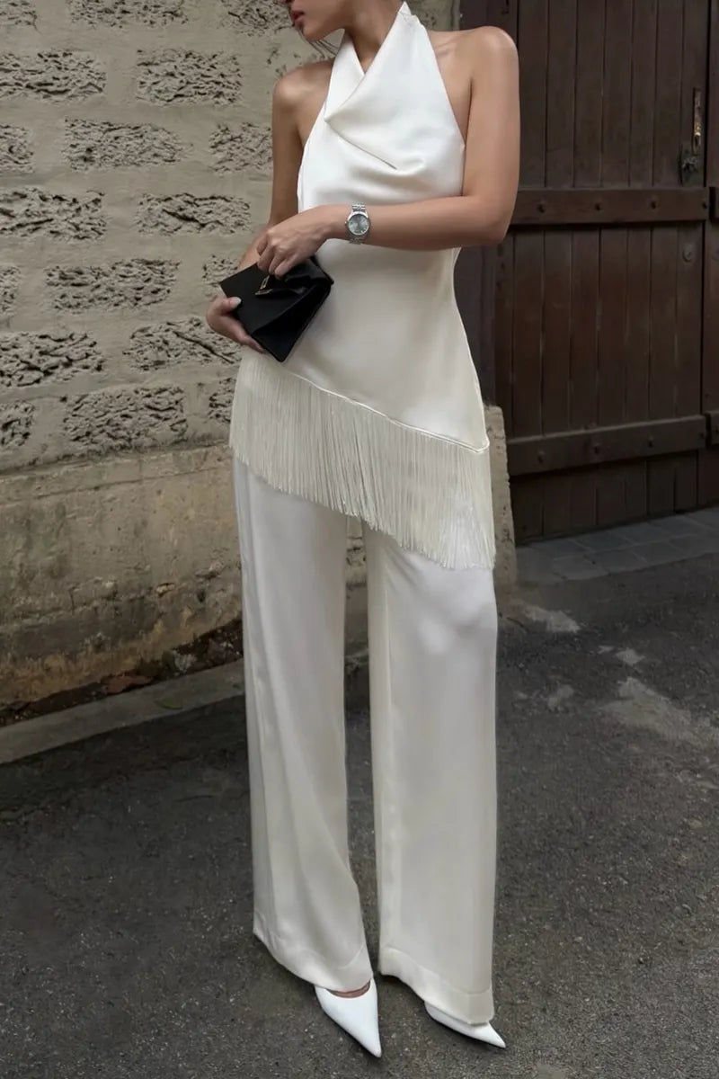 Women's Elegant Simple Fringe Hem Vest Pants Two-Piece Set
