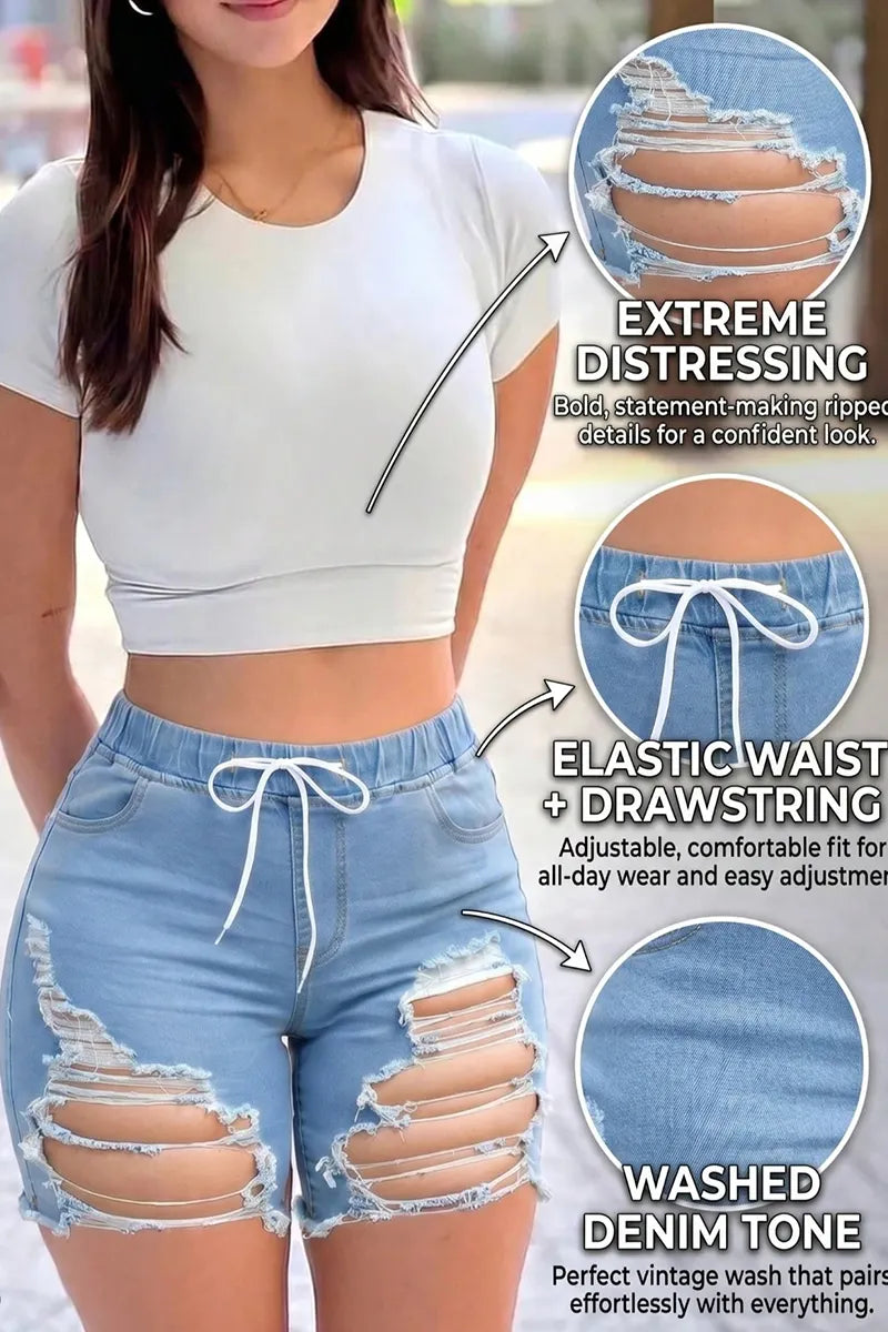 Women's High Waisted Drawstring Distressed Denim Shorts - Light Wash Ripped Bermuda Jean Shorts Aesthetic Streetwear