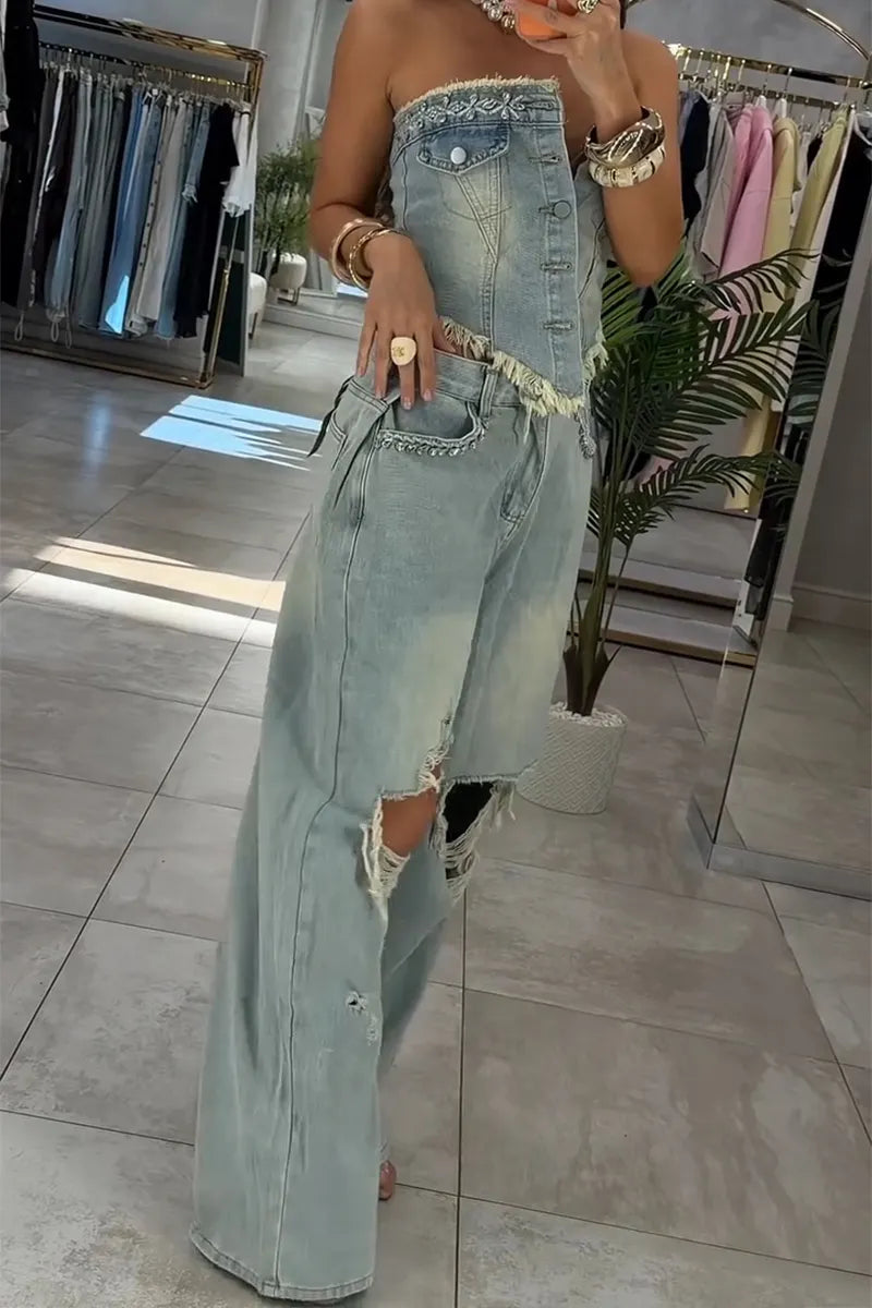 Women's Fashion Rhinestone Denim Bustier or Ripped Jeans