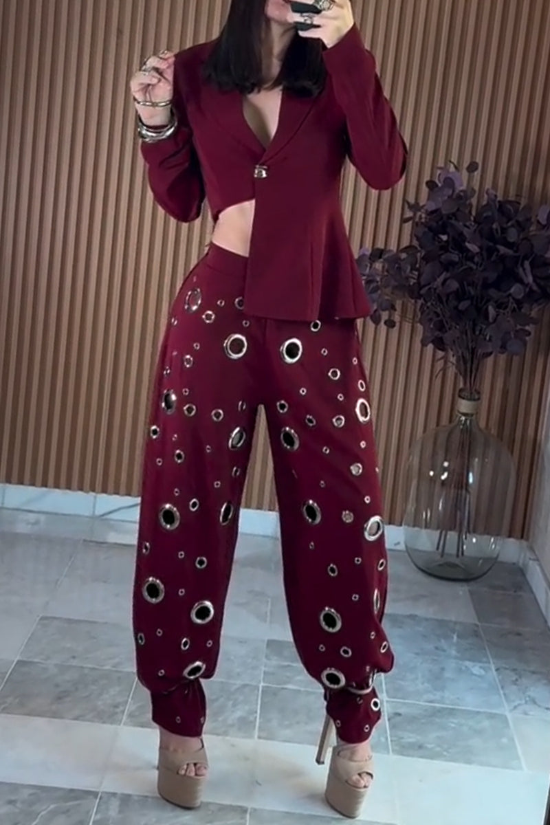 Women's Asymmetrical Collar Jacket or Perforated Pants with Corns
