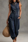 Women's Casual Button Elastic Cuff Denim Jumpsuit