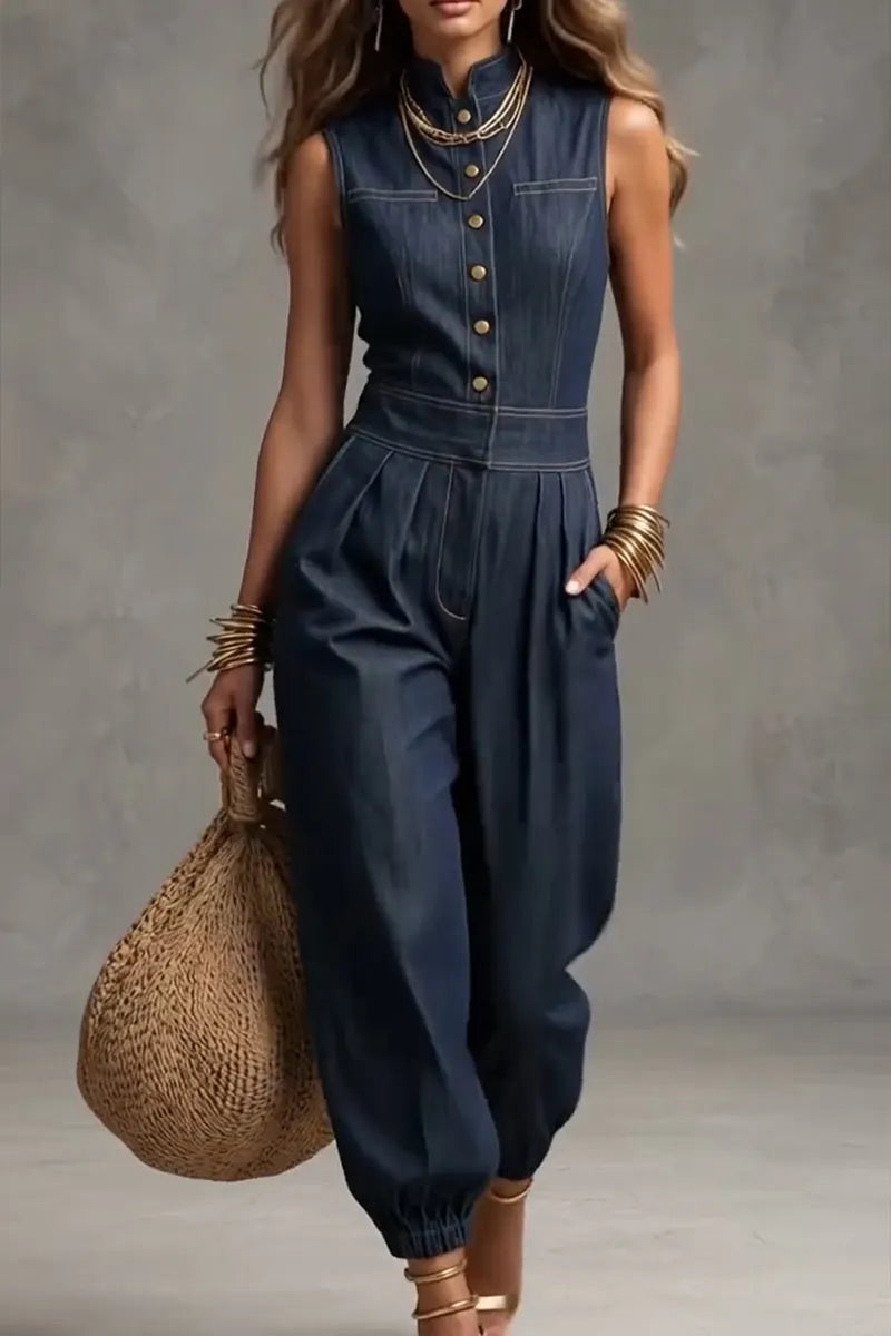 Women's Casual Button Elastic Cuff Denim Jumpsuit