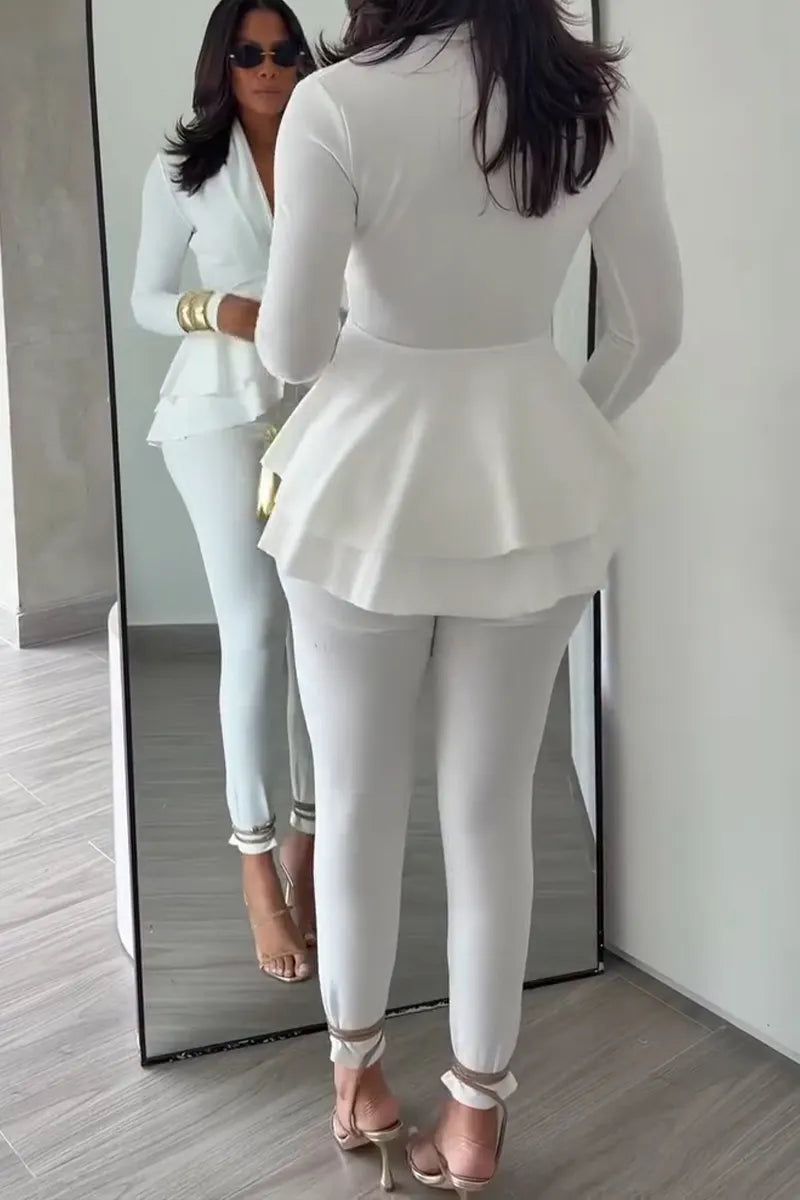Women's Casual Ruffle Hem V-Neck Shirt Slim Pants Two-Piece Set
