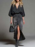 Women's V-neck 3/4 Sleeve Denim Top And High-waisted Casual Loose Denim Skirt Set