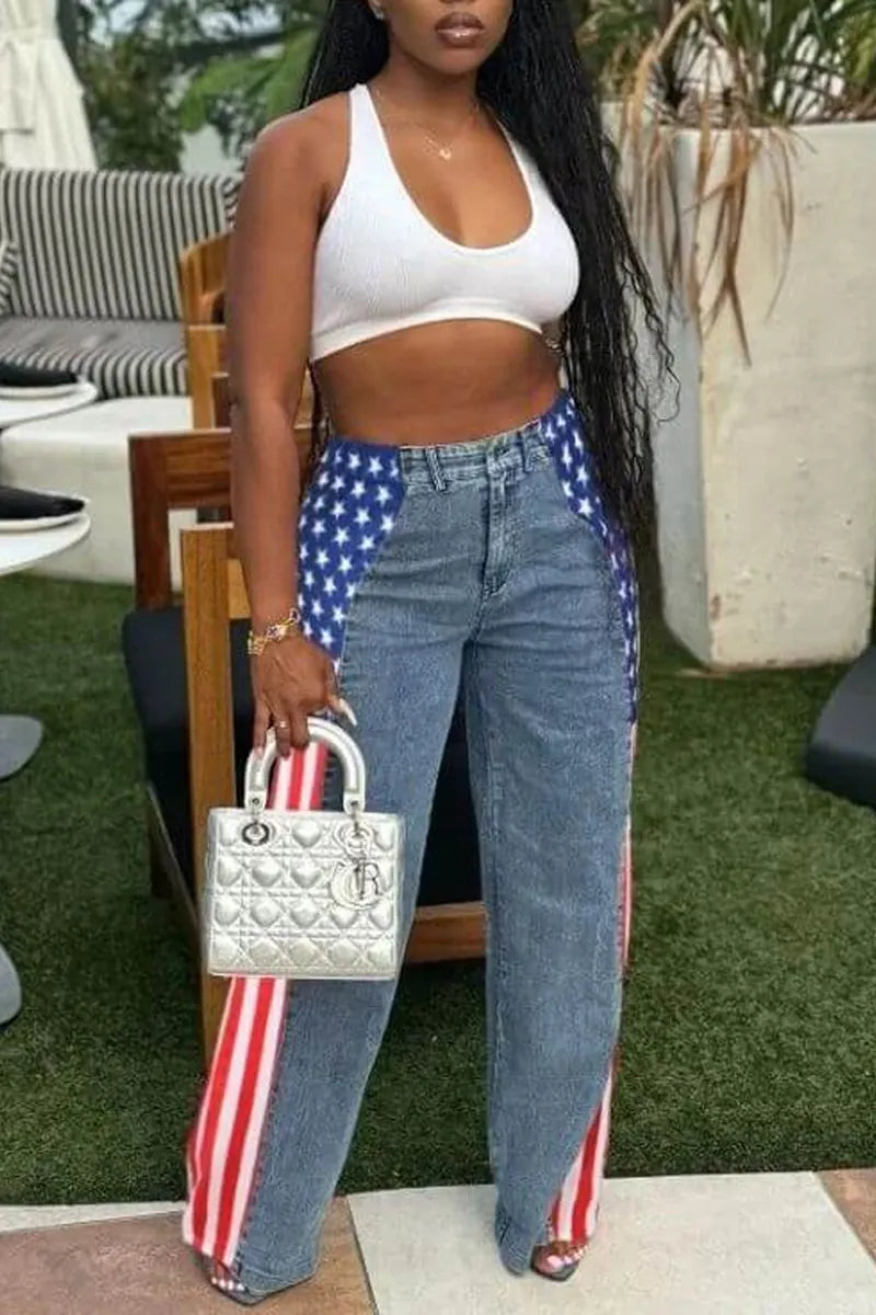 Ladies' American Flag Pattern Wide Leg Jeans