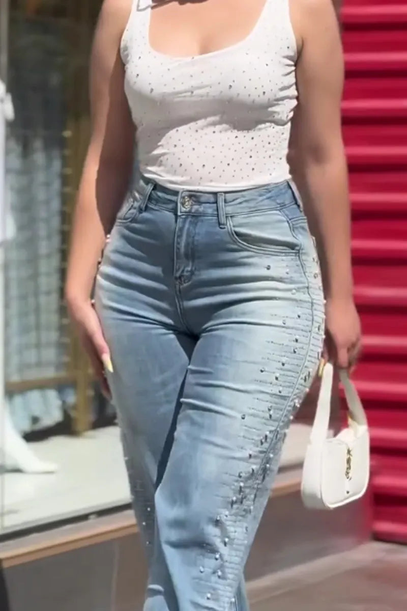 Women's Rhinestone-Embellished High-Waisted Flare Denim Pants