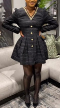 Women V-neck Breasted Rhinestone Waist Cinching Elegant Temperament Dress