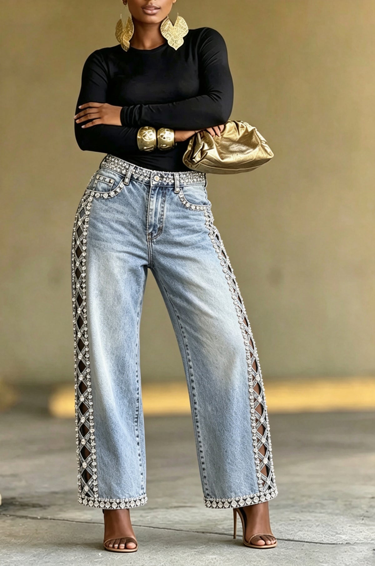 Women's Fashion Side Cut-Out Pattern Rhinestone Wide Leg Jeans