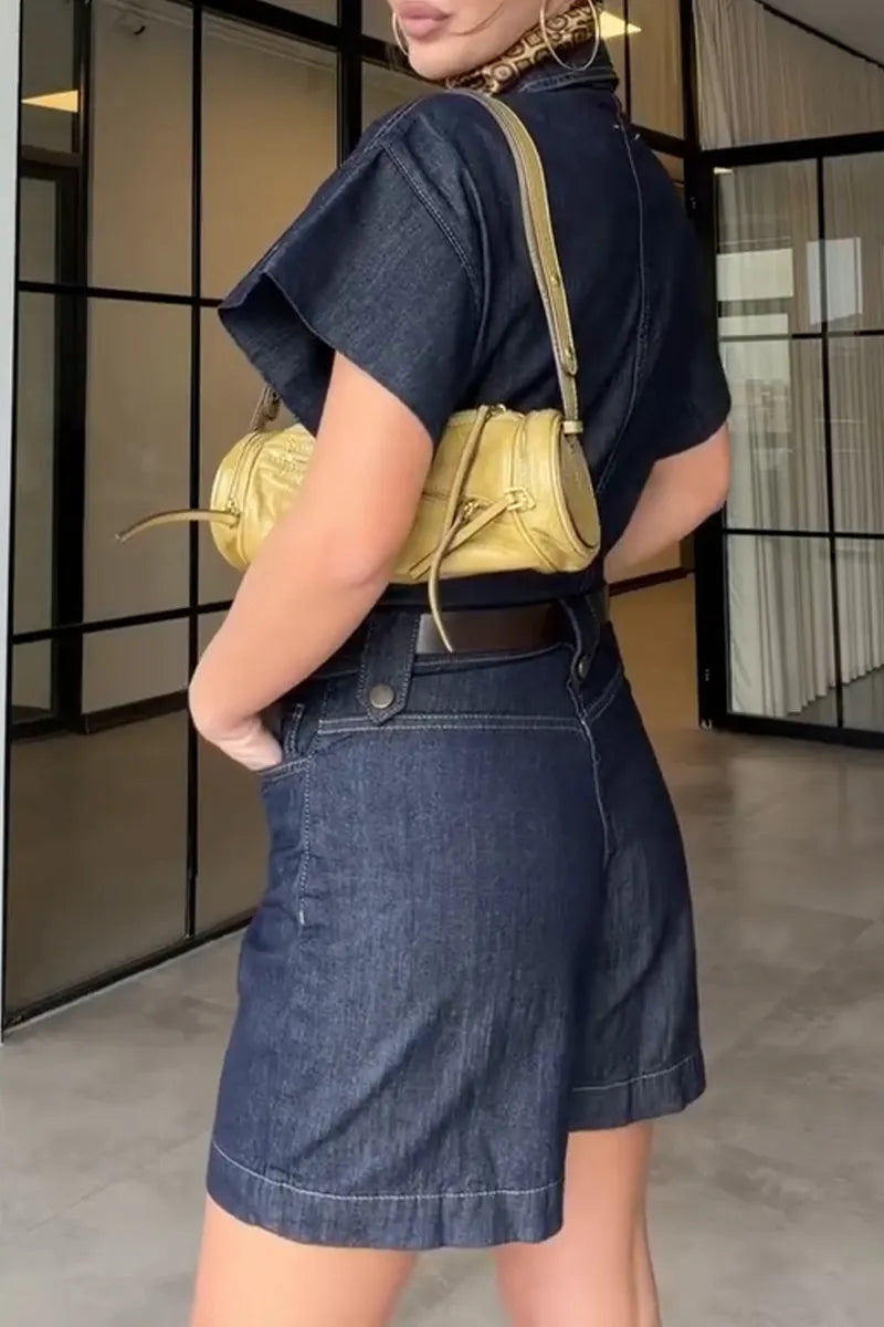 Women's Commuter Lapel Denim Short Jumpsuit