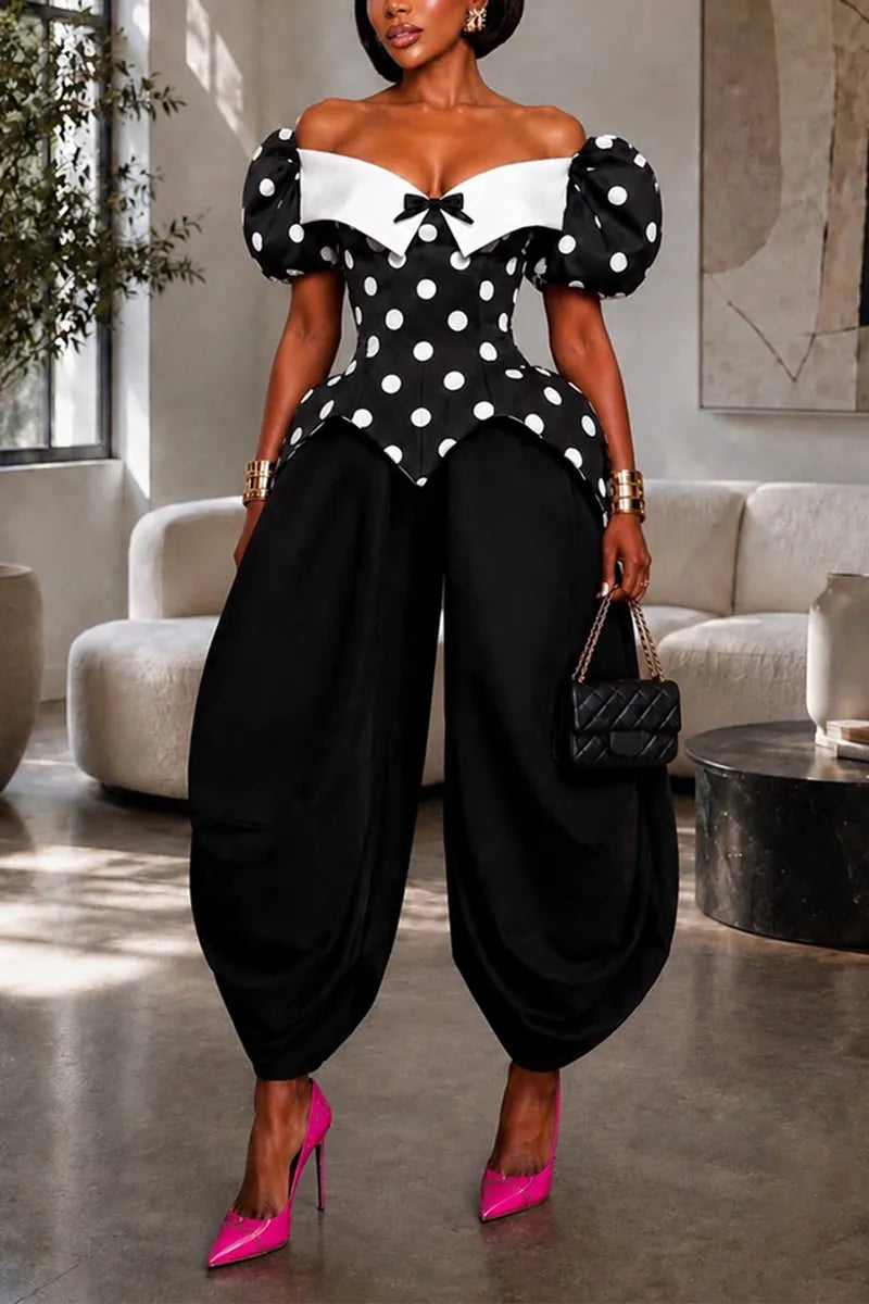 Women's Elegant Color Block Neckline Top Loose Pants Polka Dot Two-Piece Set