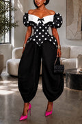 Women's Elegant Color Block Neckline Top Loose Pants Polka Dot Two-Piece Set