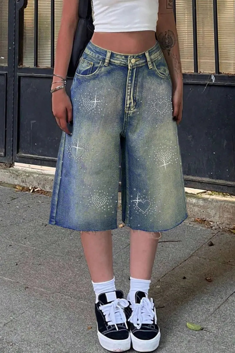 Ladies' Hot Selling Casual Washed Rhinestone Street Denim Shorts