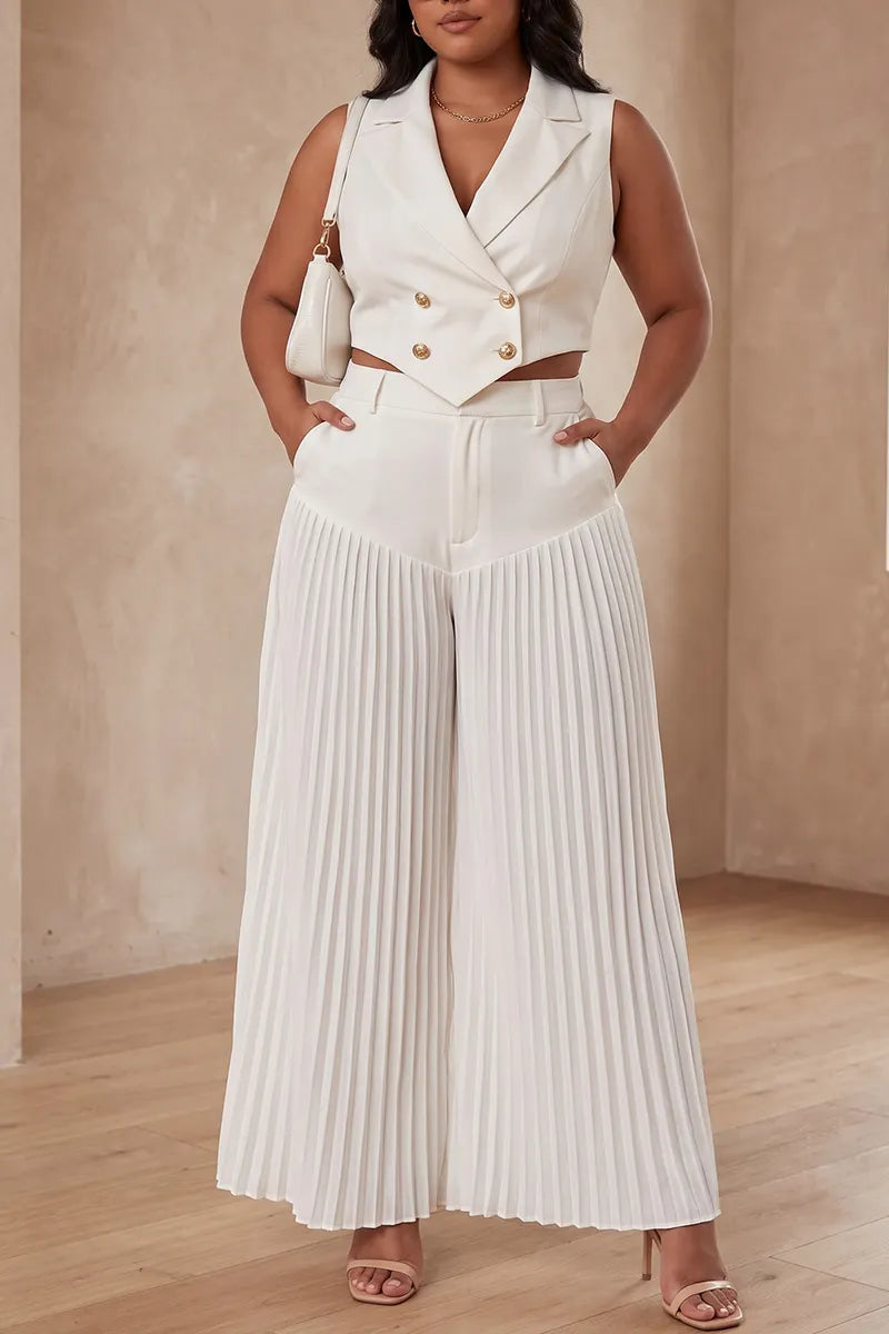Women's 2-Piece White Double-Breasted Vest  Pleated Wide-Leg Pants Set