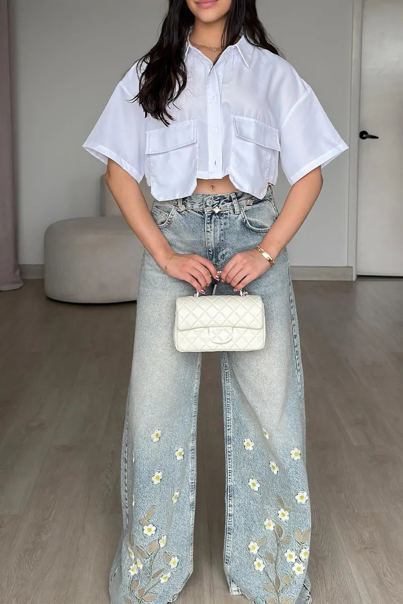 Women's Casual Print Decor Distressed Wash Wide Leg Jeans