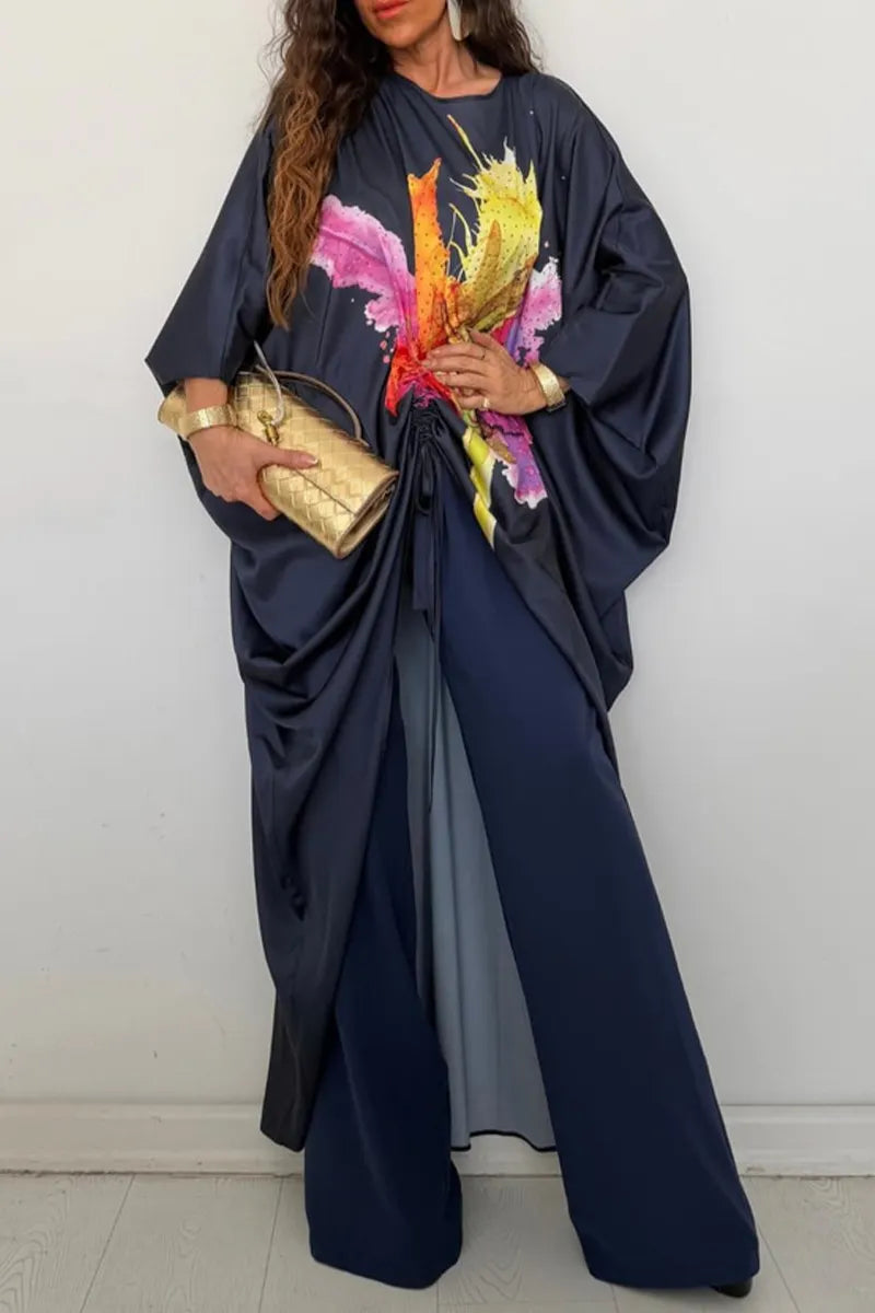Women Round Neck Drawstring Printed Irregular Long Top+ Pants Casual Suit