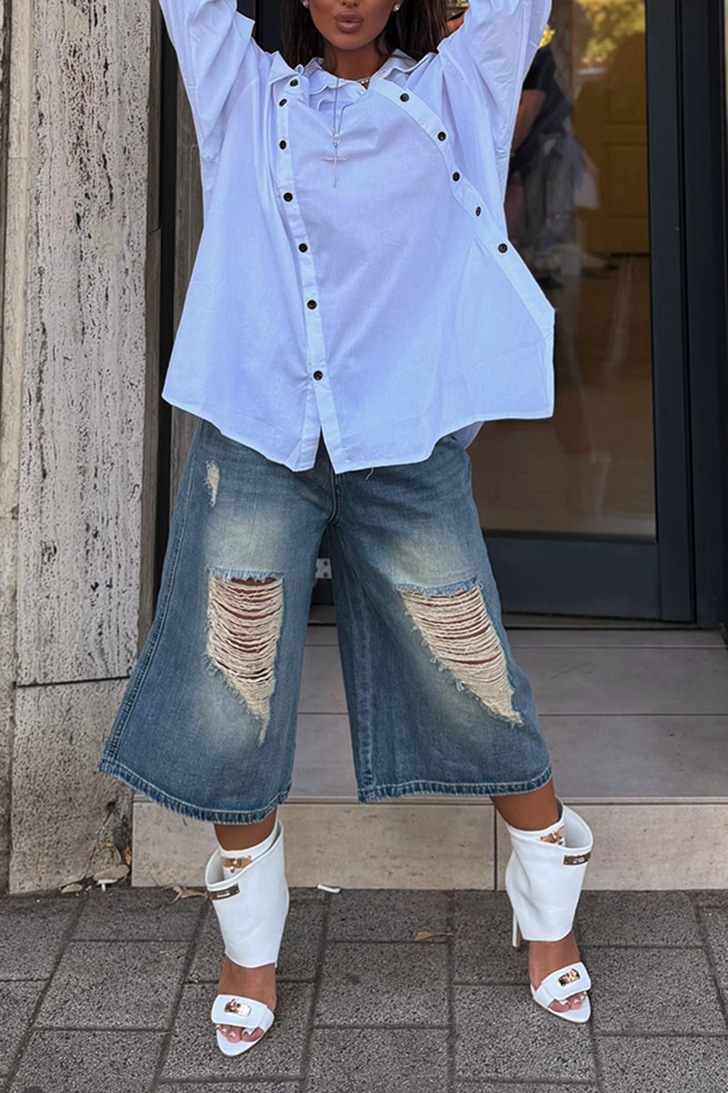 Women's Fashion Button Design Shirt or Ripped Short Jeans