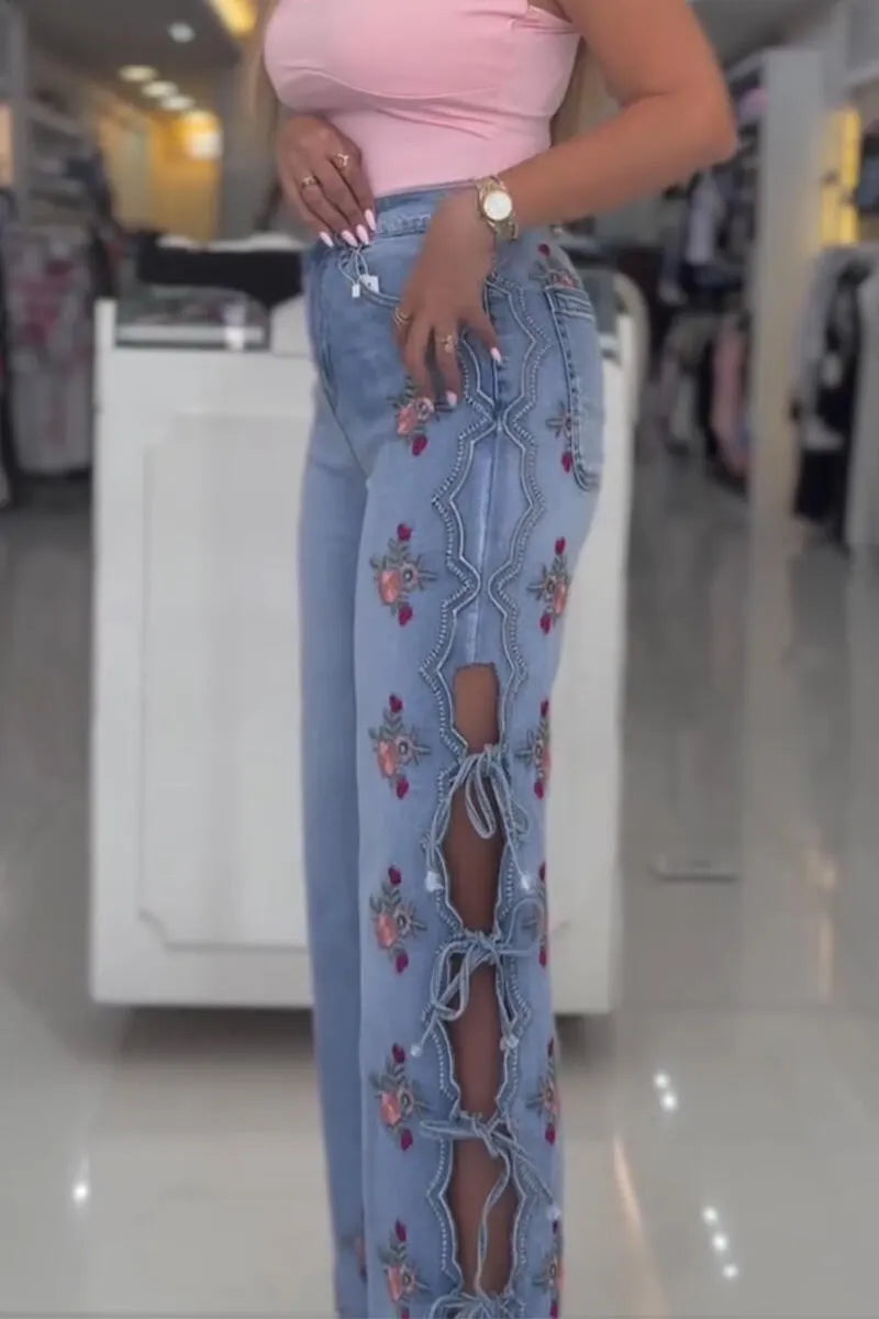 Women High Waisted Embroidered Side Hollow Strap Casual Wide Leg Jeans