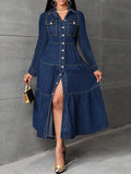 Elegant Ruffle Hem Button Front Denim Midi Dress