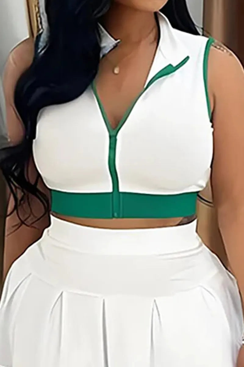 Women's Casual Color-Block Top&Color Block Skirt