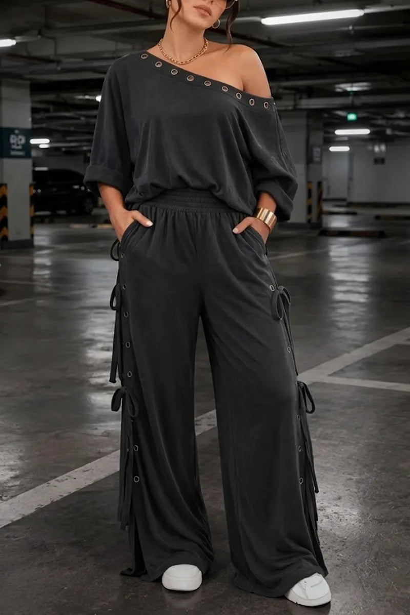 Women's Off-Shoulder Knit Top and Wide Leg Drawstring Pants 2-Piece Set Solid Charcoal Gray