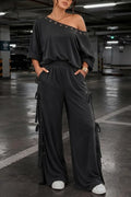 Women's Off-Shoulder Knit Top and Wide Leg Drawstring Pants 2-Piece Set Solid Charcoal Gray