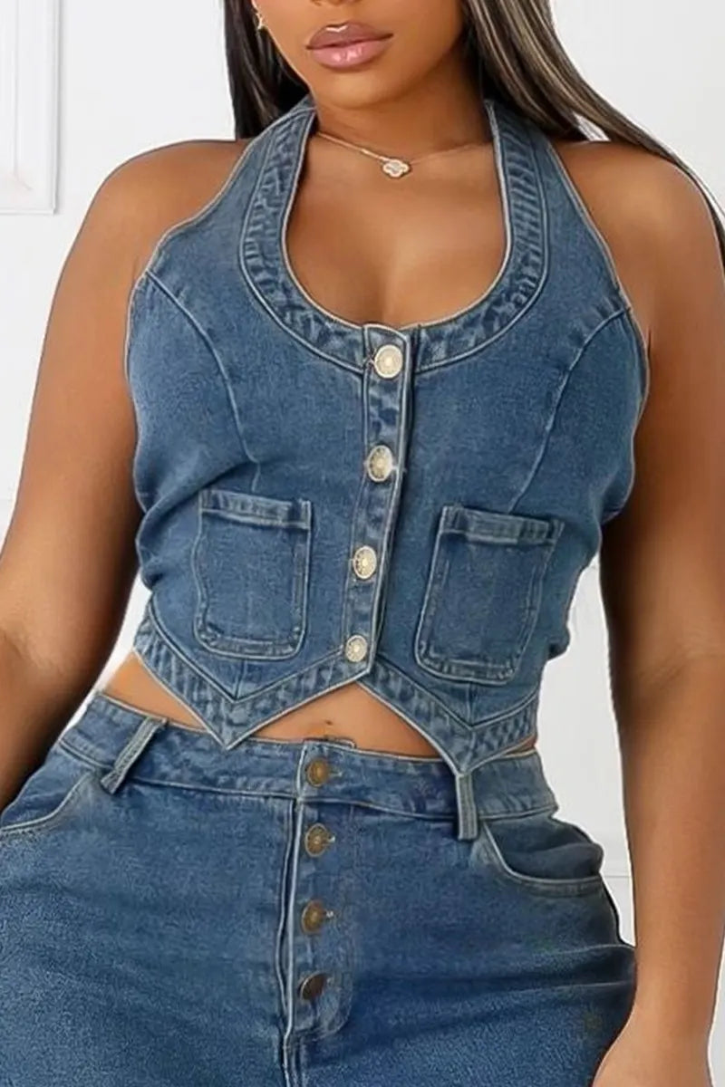 Women's Casual Open Back Button Front Denim Top Or Denim Button Fly Shorts