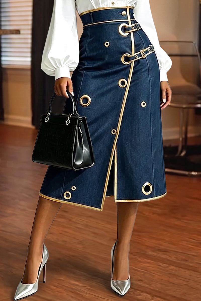 Women's Fashion Metal Hollow-Out Contrast Trim Decoration Denim Skirt