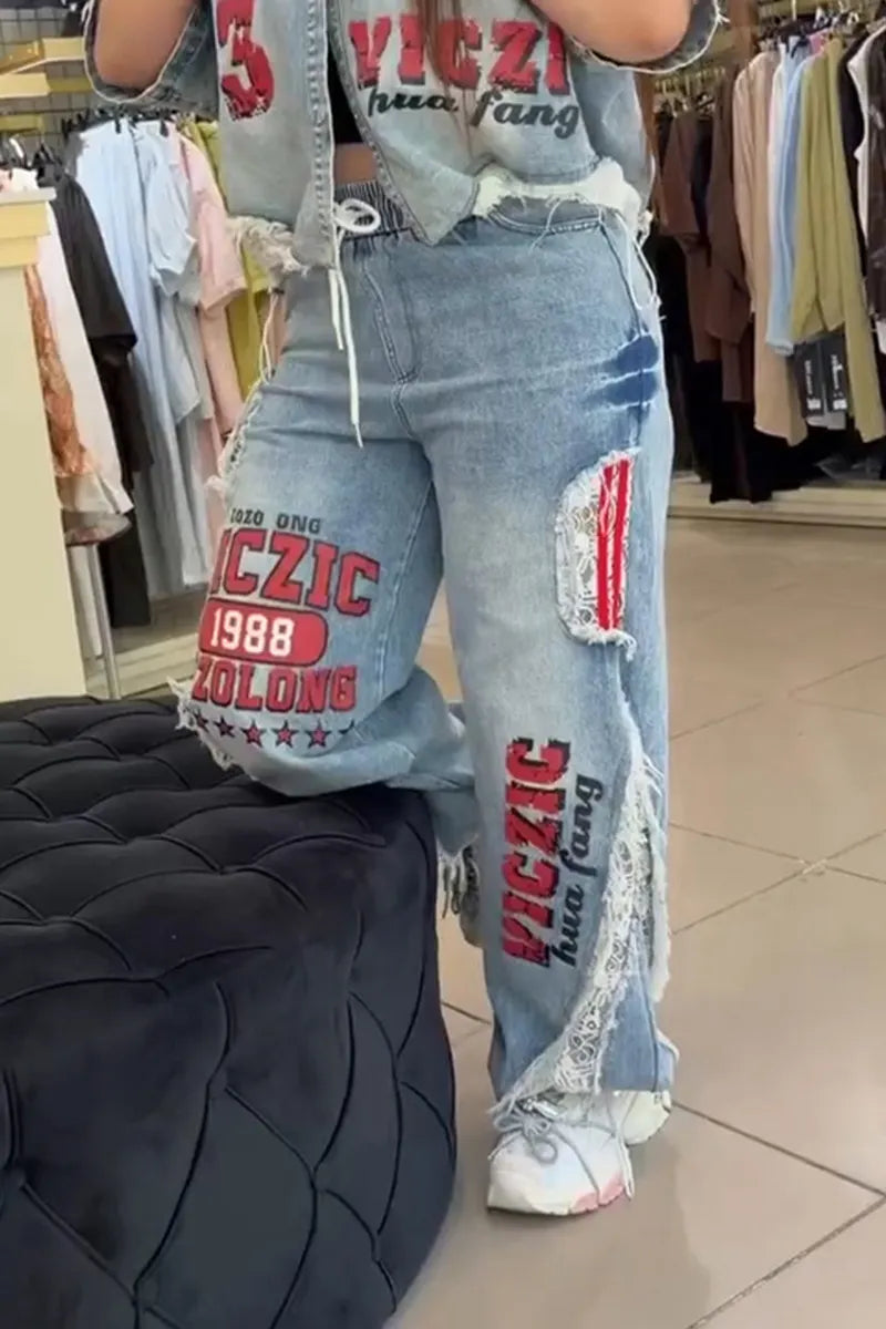 Women's Casual Letter Print Lace Panel Denim Jacket or Jeans