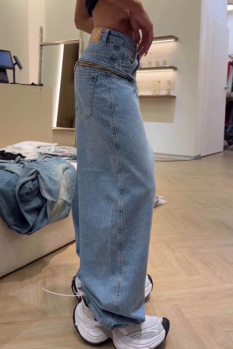 Women's Washed Water Zipper Splicing Casual Wide Leg Jeans