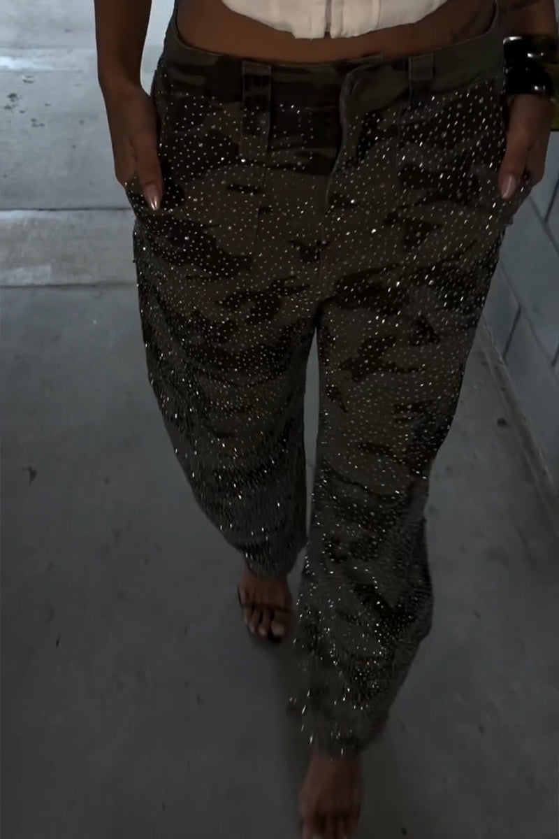 Women's Casual Rhinestone Camo Cargo Pants