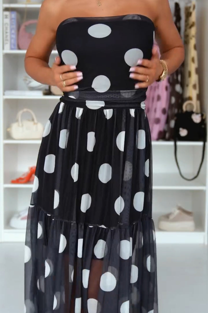 Women's Casual Polka Dot Mesh Strapless Dress