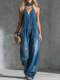 Halter-neck V-neck Distressed Ripped Wide-leg Denim Jumpsuit