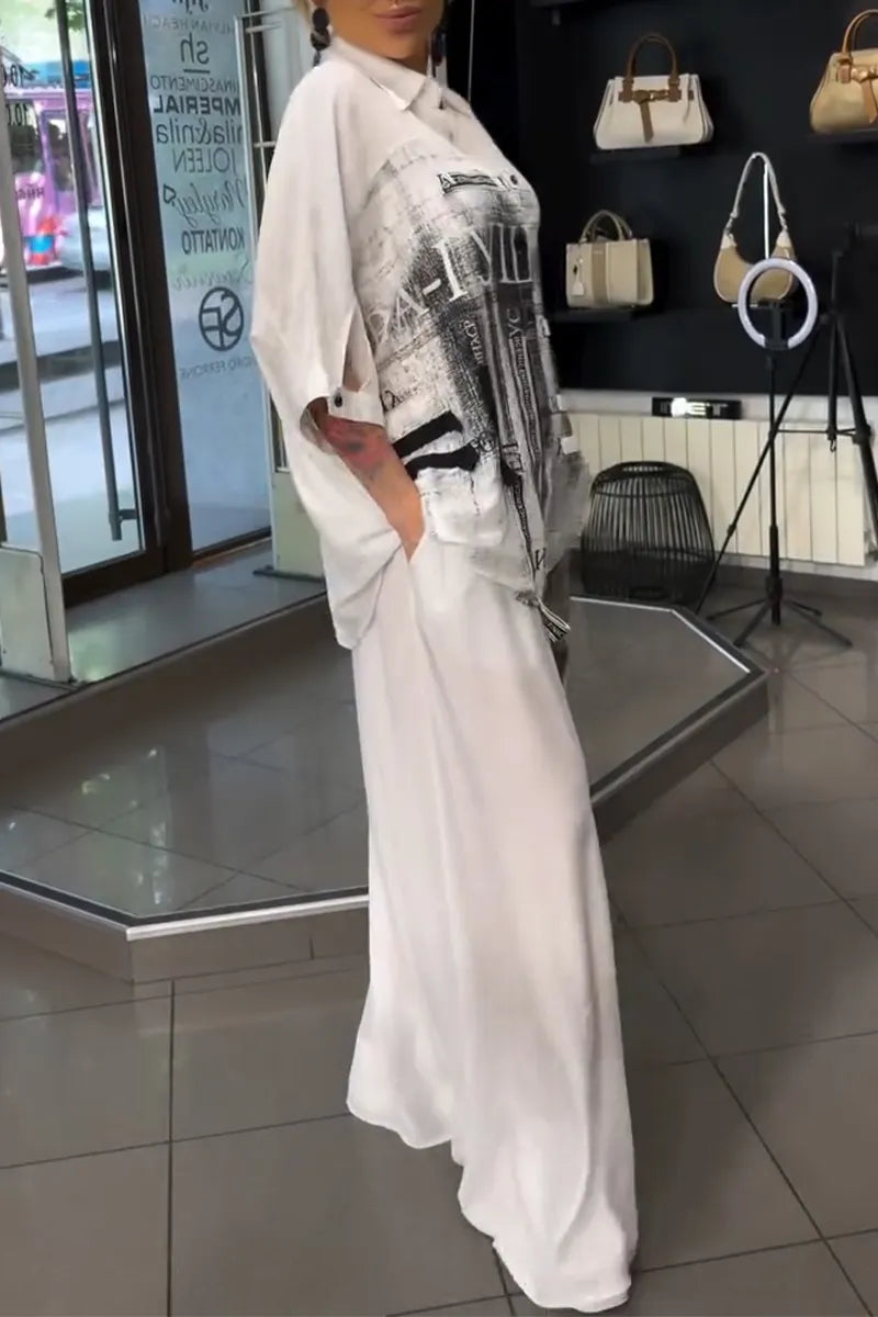 Women Collar Printed Shirt + Wide Leg Pants Loose Casual Suit
