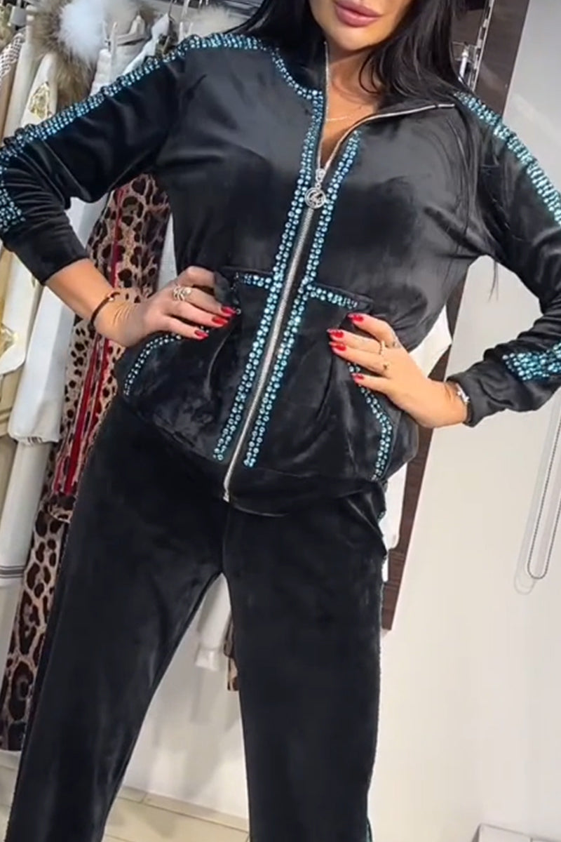 Women's Collar Velvet Rhinestone Jacket+ Pants Casual Set