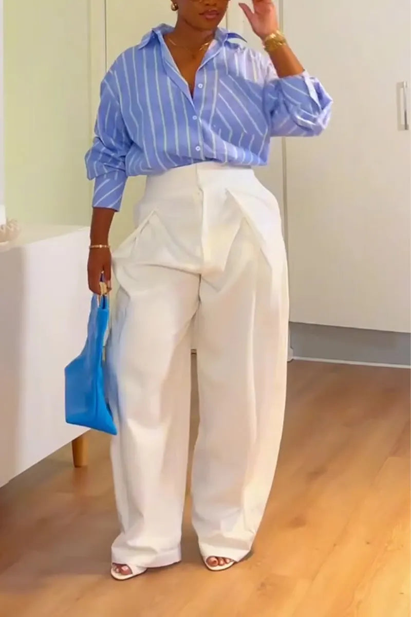 Women's Collar Vertical Striped Shirt or Solid Color Pants