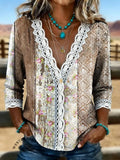 Women's Vintage Floral Print Casual Hollow-Out Denim Shirt