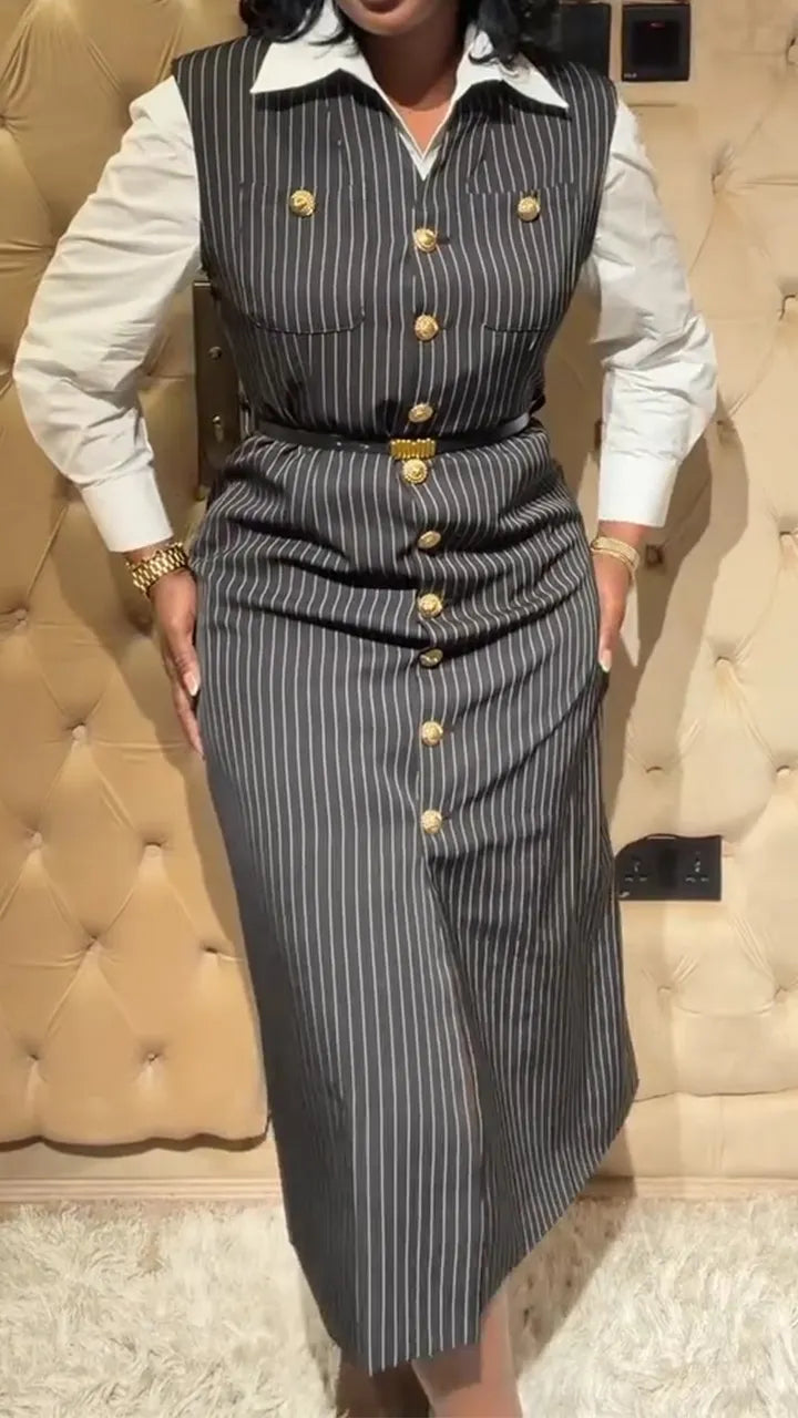 Women V-neck Sleeveless Breasted Vertical Stripe Elegant Temperament Dress