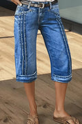 Women's Vintage Wash Multi Line Stitch Cuff Cropped Denim Capri Pants