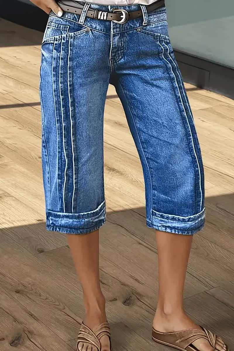 Women's Vintage Wash Multi Line Stitch Cuff Cropped Denim Capri Pants