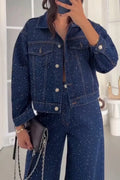Women's Collar Rhinestone Denim Jacket or Jeans