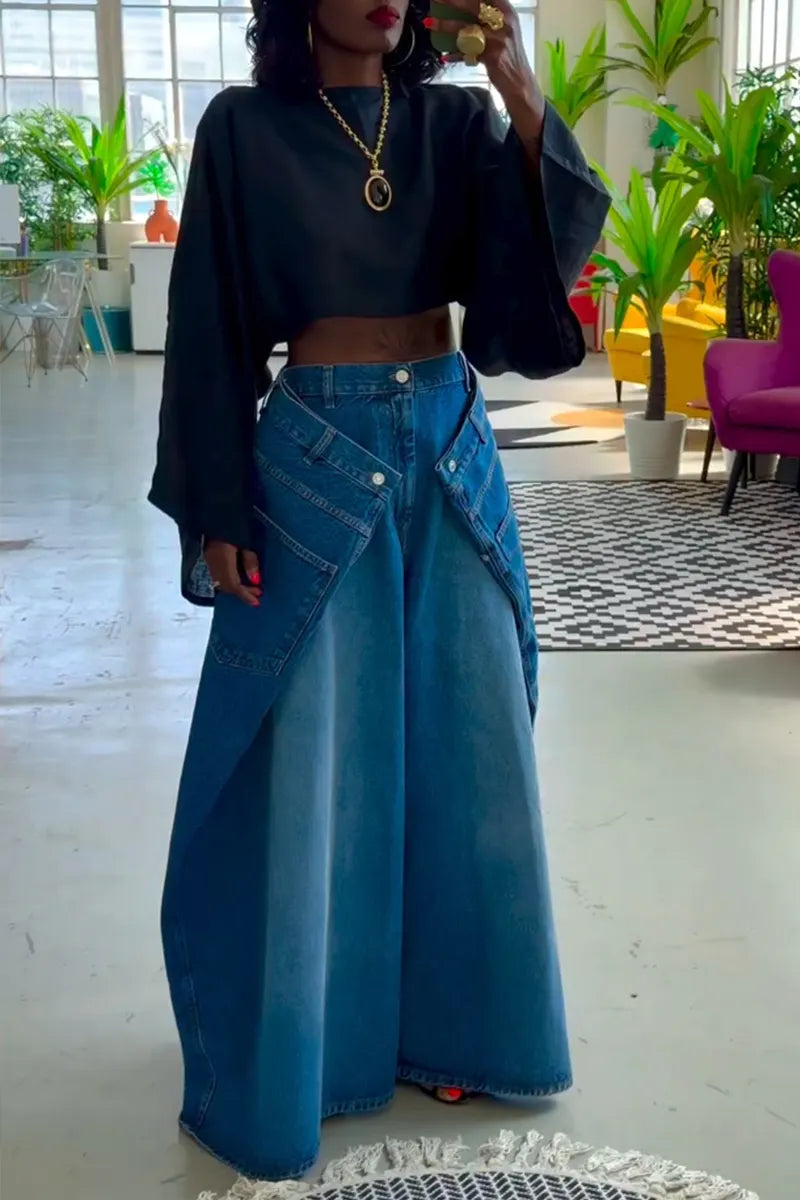 Women's Casual Silhouette Design Layered Wide Leg Jeans