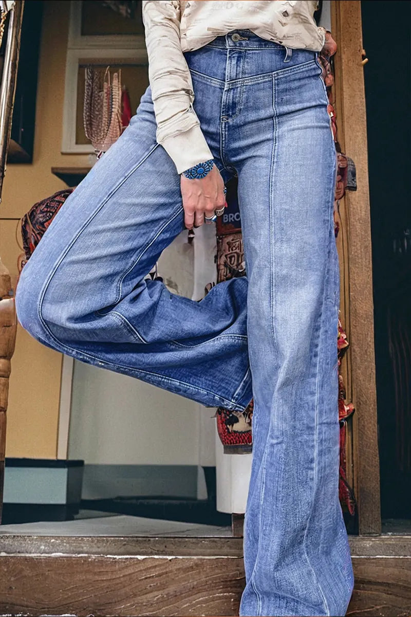 Ladies' Fashionable Casual Slim Fit Center Stitching Details Straight Tube Loose High Waisted Jeans