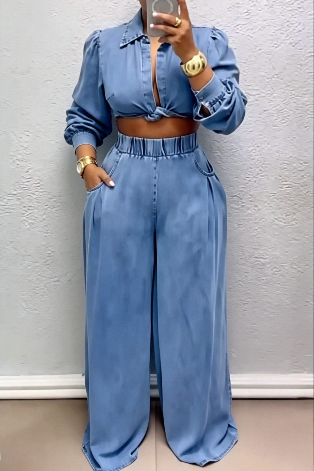 Women's Casual Puff-Sleeve Denim Shirt & Wide-Leg Jeans