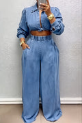 Women's Casual Puff-Sleeve Denim Shirt & Wide-Leg Jeans