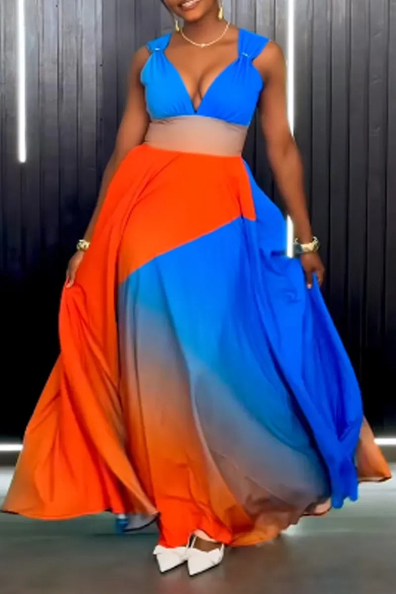 Women Contrast Gradient Color Deep V Sling Waist Cutout High Slit Maxi Dress