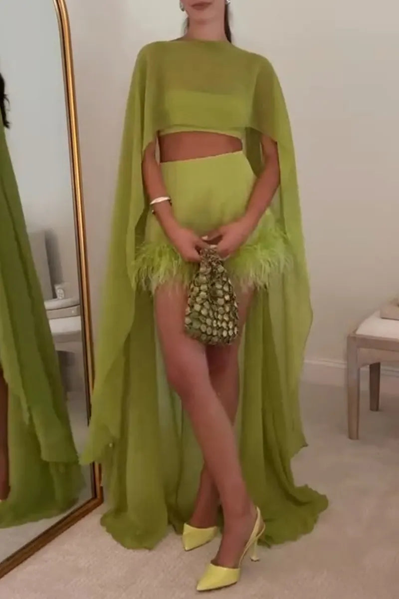 Women's Elegant Vest Long Cape Feather Skirt Three-Piece Set
