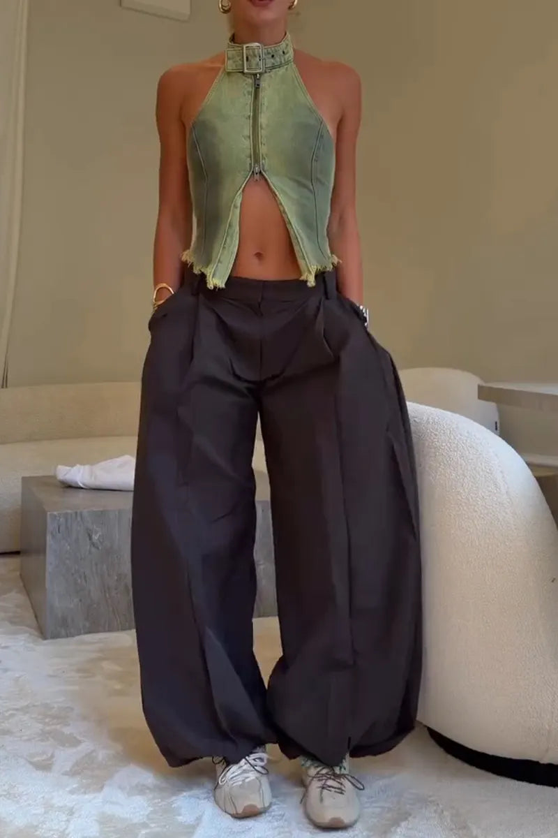 Women's Fashion Slim Denim Vest or Wide Leg Pants