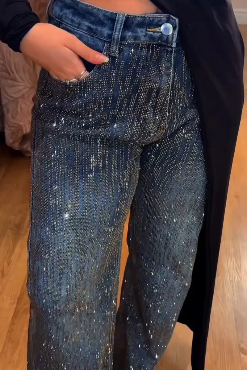 Women's Fashion Sparkly Rhinestone Decor Wide Leg Jeans